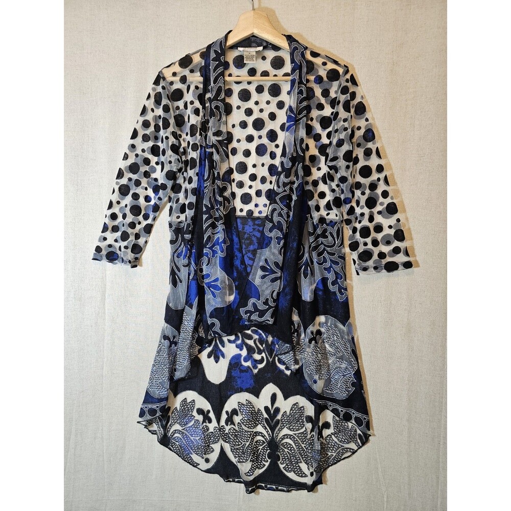 Anis A Cardigan Women Medium Black Blue 3/4 Sleeve Ruffle Fitted Sheer Boho